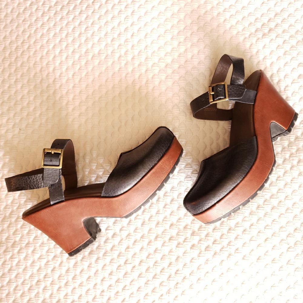 Kork-Ease Black and Brown Leather Platform Mules with Ankle Strap